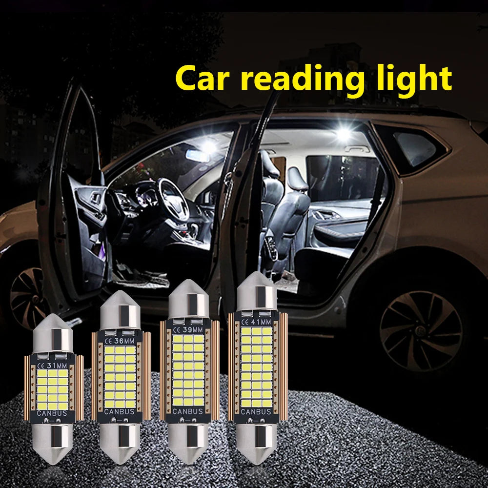 Four Canbus LED reading lights displayed in front of a car interior setting.