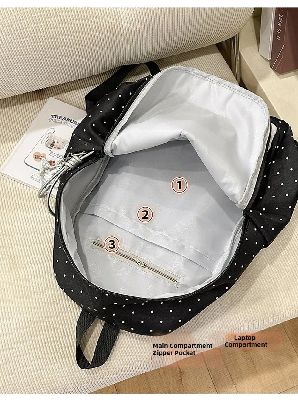 Polka Dot Backpack with Piano Key Design – Large Capacity Travel Daypack