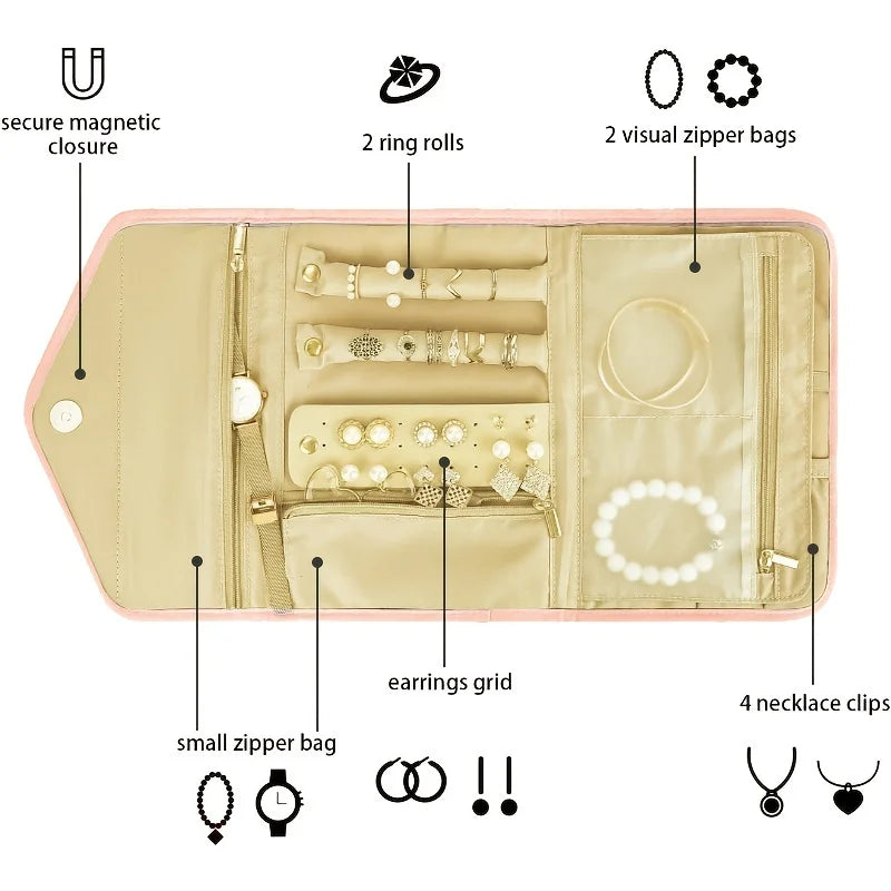 A beige foldable jewelry roll featuring multiple storage compartments for earrings, rings, and necklaces.