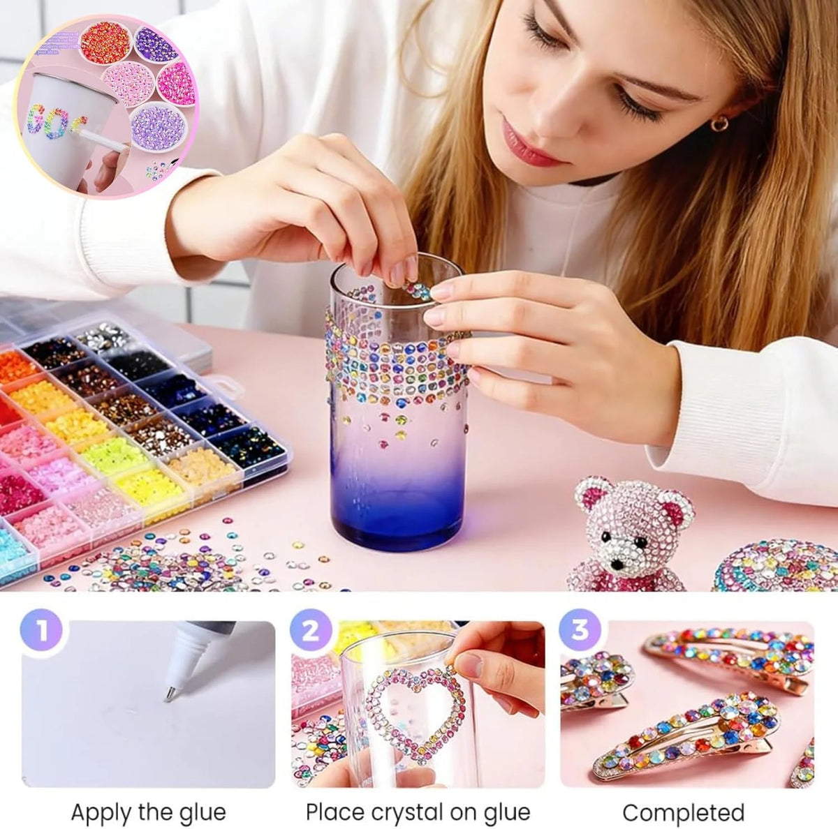DIY resin rhinestone kit showing the process of applying flatback gems to create a sparkling design.