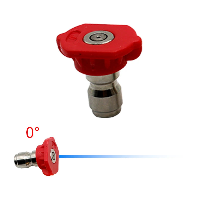 Red quick-connect pressure washer nozzle set with a silver fitting shown at a zero degree angle.