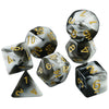 A set of seven polyhedral dice, including d6s and a triangle, with black and white marbled patterns.
