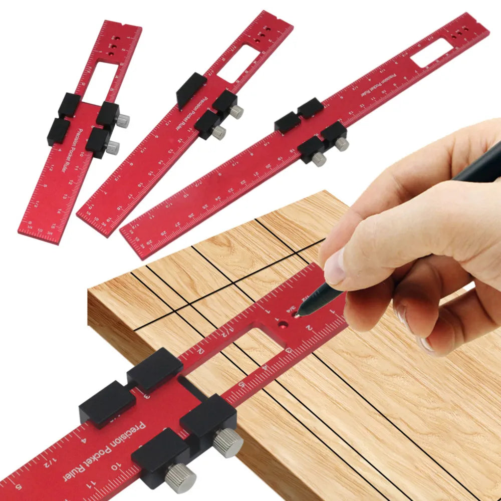 A hand is using a red aluminum pocket ruler with T-track slide stop on a wooden surface.