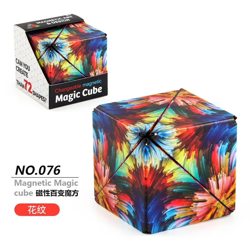A colorful magnetic magic cube with iridescent, textured surfaces shown in an isometric view.