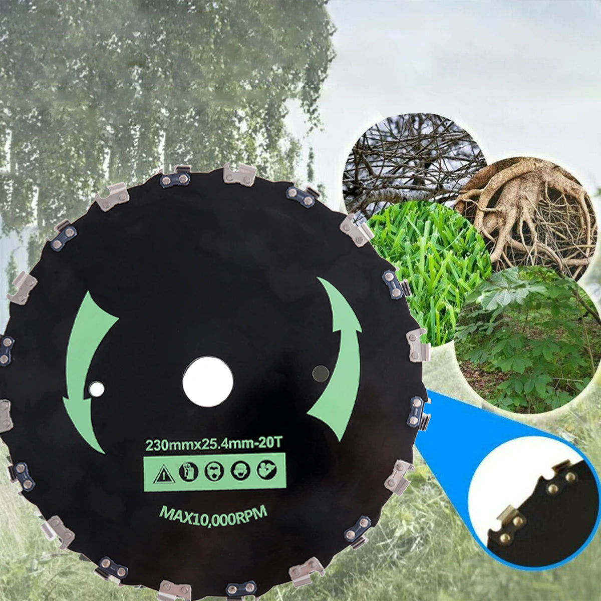 A close-up view of a black brush cutter blade with green accents and mounting hardware against a blurred outdoor background.