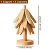 A wooden tree-shaped trivet set consisting of one support and three coasters.