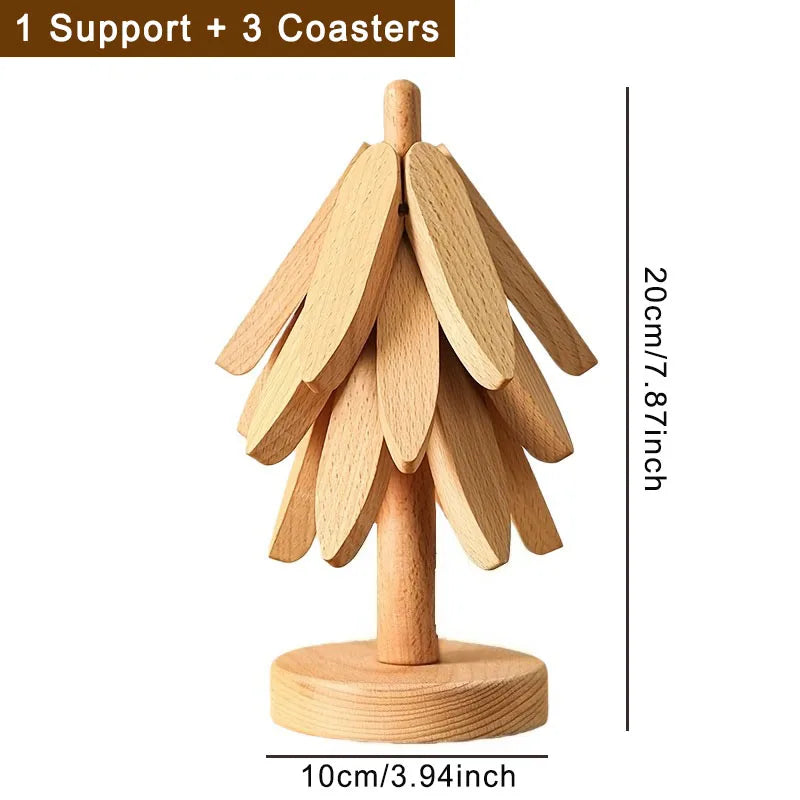 A wooden tree-shaped trivet set consisting of one support and three coasters.