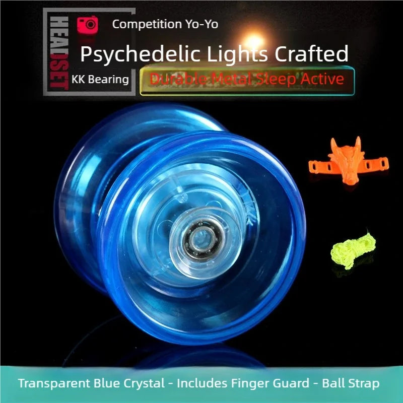 Transparent blue crystal yo-yo with a finger guard and ball strap