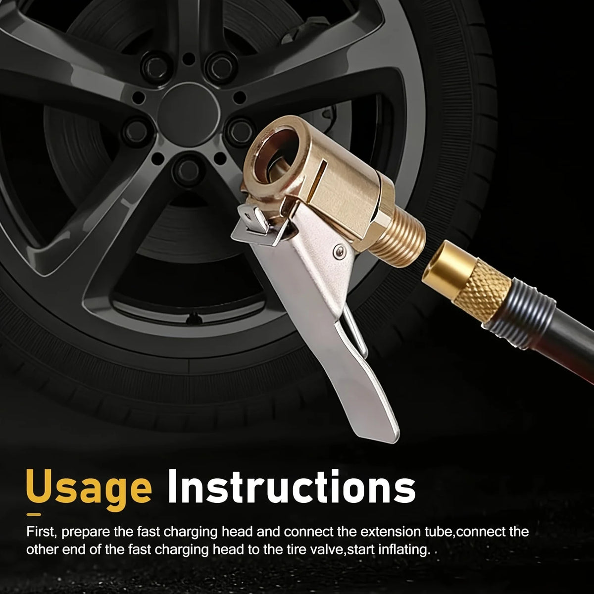 A solid brass lock-on air chuck set with an extension tube is shown next to a tire wheel.