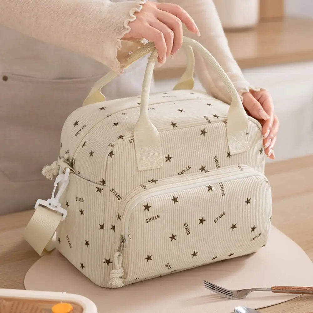 Strawberry Corduroy Insulated Lunch Bag with Large Capacity