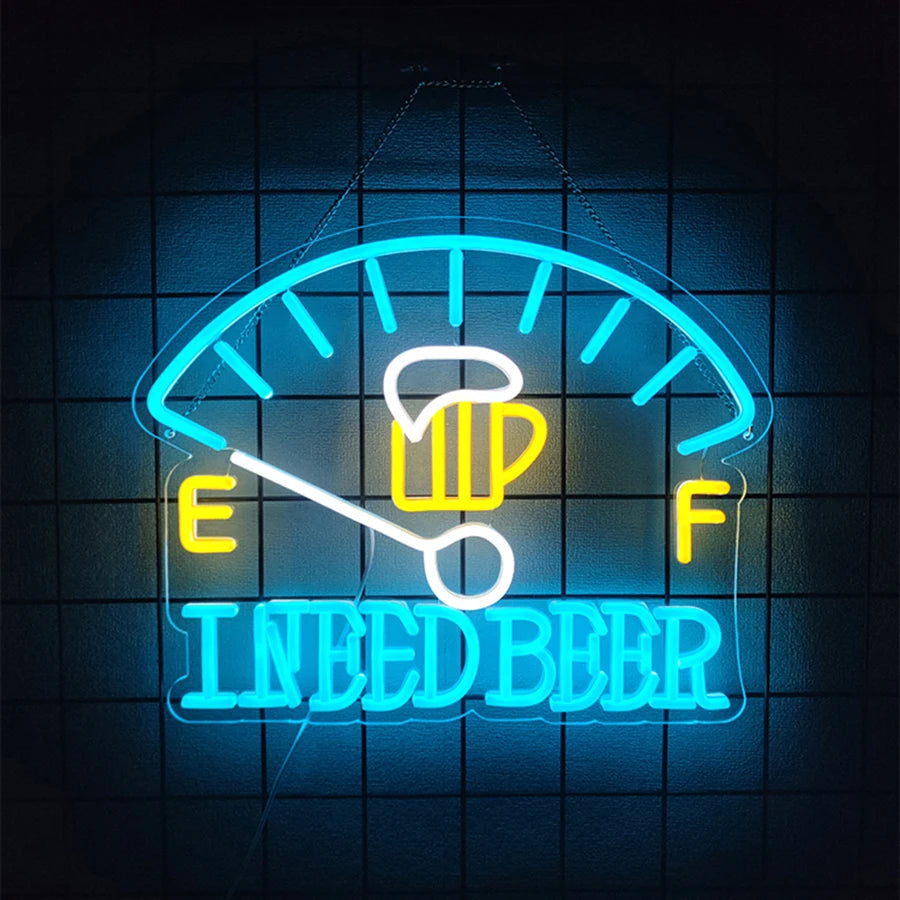 Neon sign displaying an oil pressure gauge with the text NEED BEER in bright blue light.