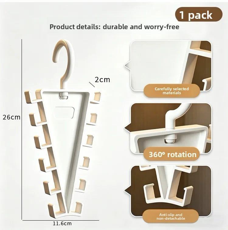 A white vertical space-saving closet organizer with 12 hooks demonstrating its size and features.