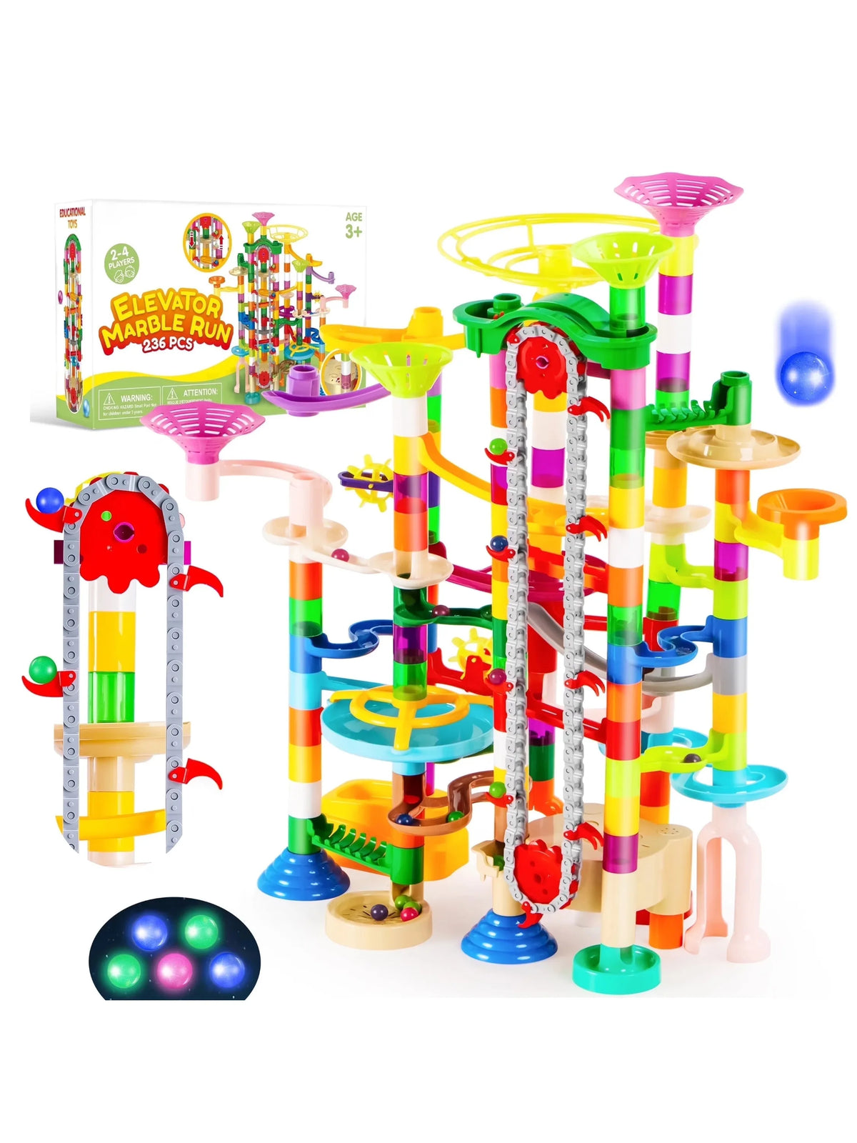 A colorful marble run building set featuring a motorized elevator and various tracks for kids.