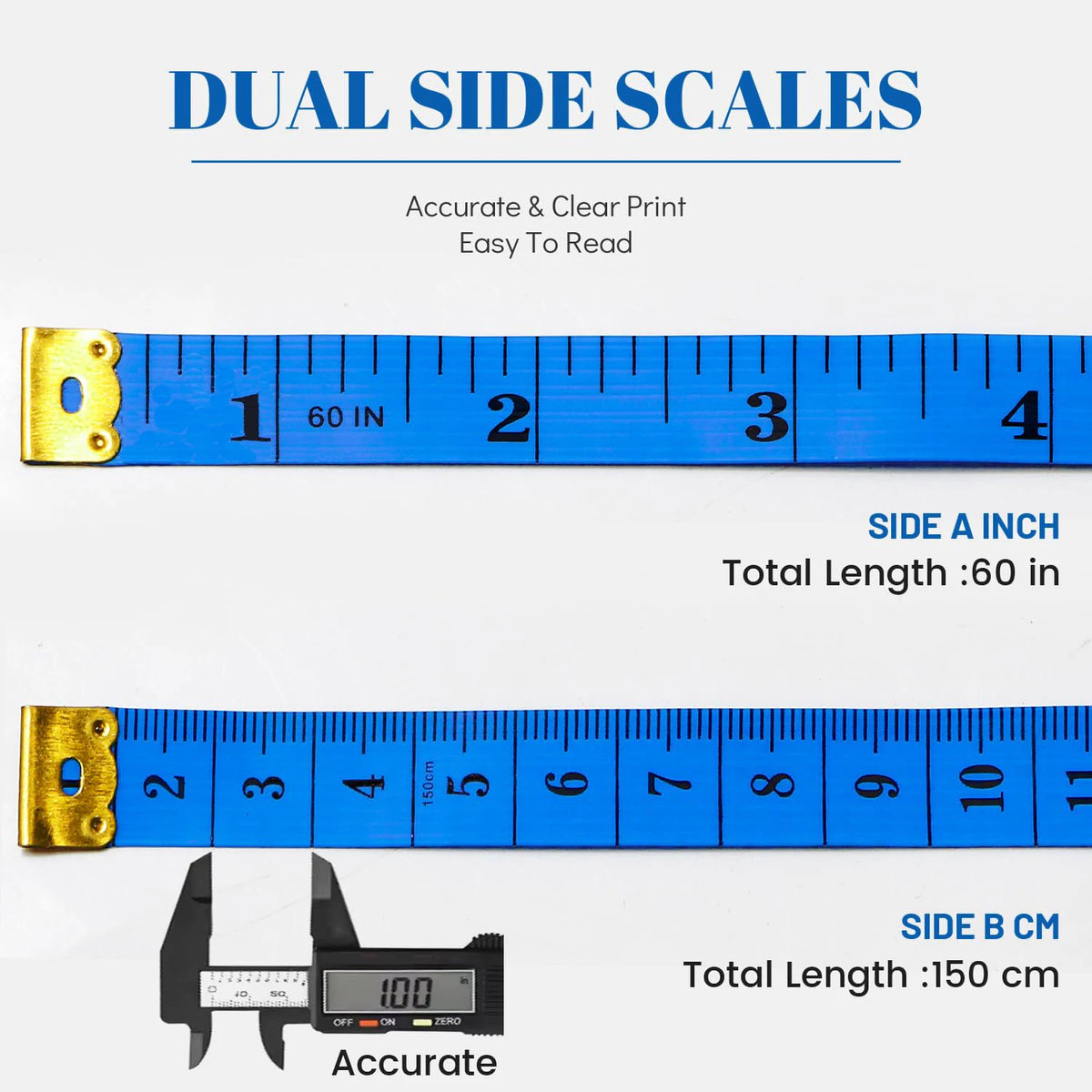 Dual side scales showing a 60-inch ruler and a 150 cm ruler for accurate measurement