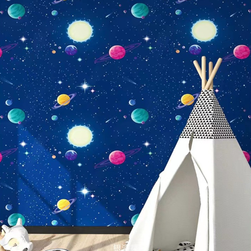 A dark blue wallpaper featuring a vibrant space scene with colorful planets and stars, displayed next to a white tent structu