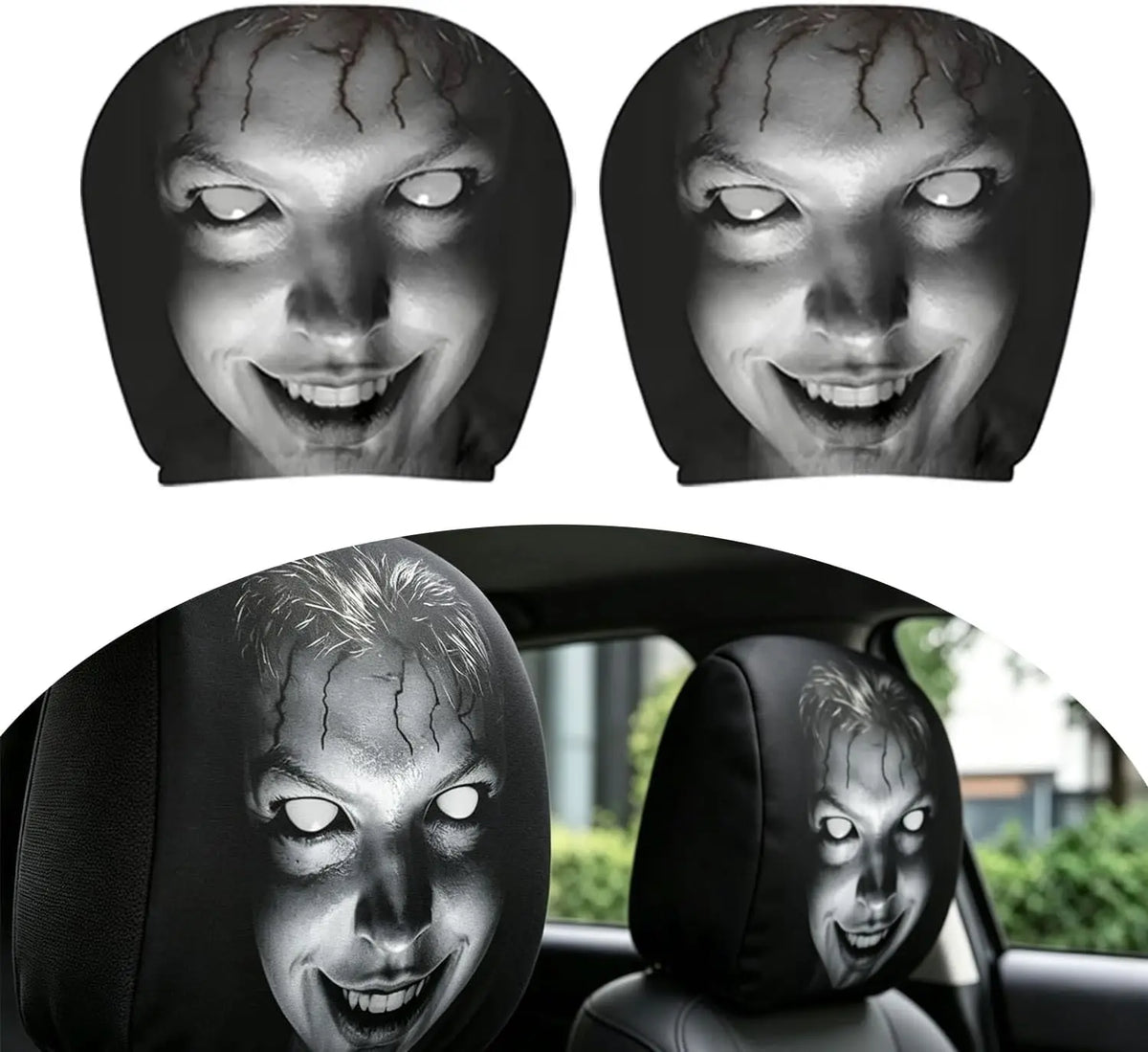 A set of two Ghost Face headrest covers featuring a menacing, grinning face design.