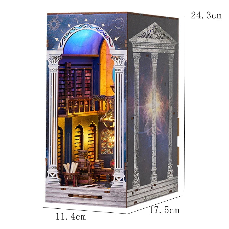 A wooden 3D puzzle bookshelf insert kit featuring an arched window and decorative elements.