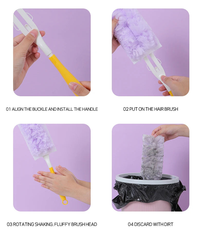 Step-by-step instructions showing how to use a 360° rotating double-sided feather duster for cleaning.