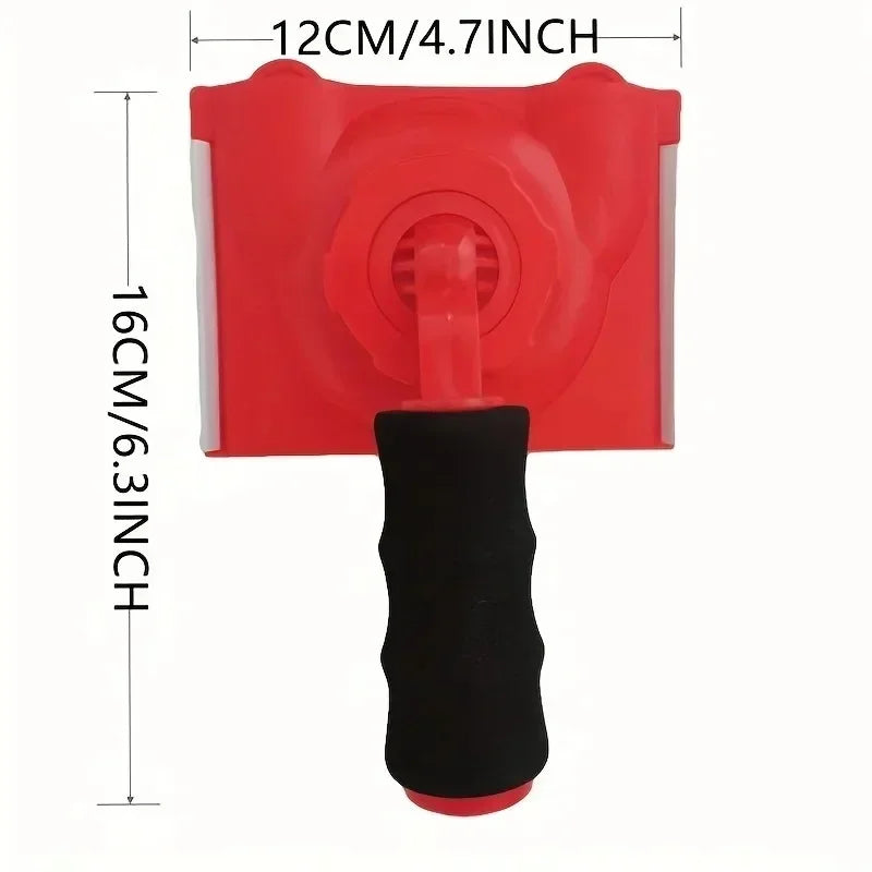 Red paint edge trimmer with a black rotatable handle and measurements.