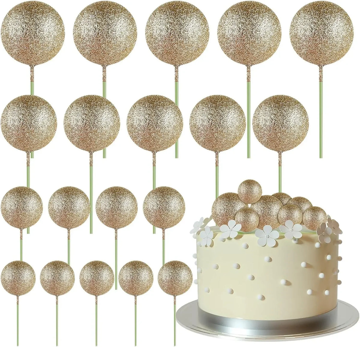 Eine Sammlung von zwanzig goldenen Glitzer-Ball-Kekstoppern auf Stäbchen zur Dekoration.