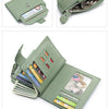 A green genuine leather RFID blocking bifold wallet shown in multiple angles.