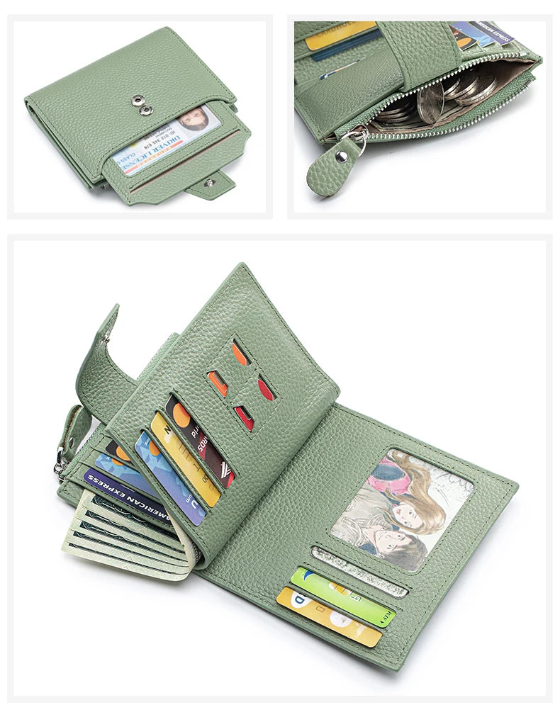 A green genuine leather RFID blocking bifold wallet shown in multiple angles.