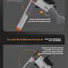 Instructions for loading a double-barrel soft bullet toy rifle, showing steps to load the barrel and insert a bullet.