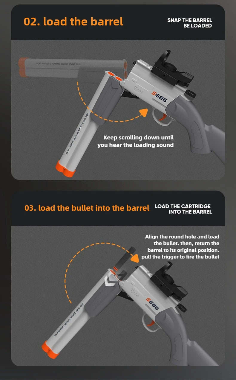 Instructions for loading a double-barrel soft bullet toy rifle, showing steps to load the barrel and insert a bullet.