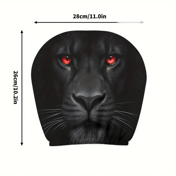 A close-up photo of a black panther face with glowing red eyes, used as a car seat headrest cover.