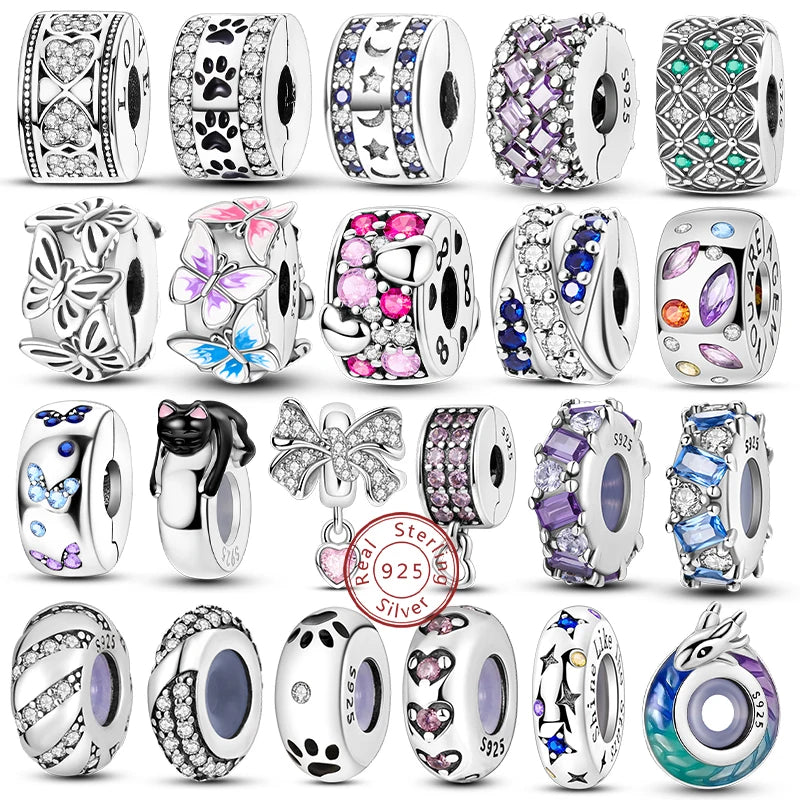 خرزة فضية 925 مع حجر الزركونيا المكعب وقفل آمن