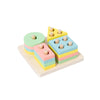 A stack of colorful wooden sorting and stacking toys for toddlers, featuring stacked cylinders in shades of green, yellow, an