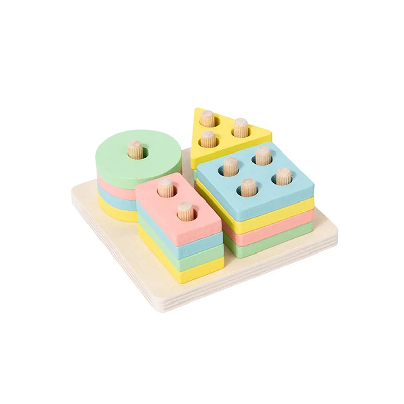 A stack of colorful wooden sorting and stacking toys for toddlers, featuring stacked cylinders in shades of green, yellow, an