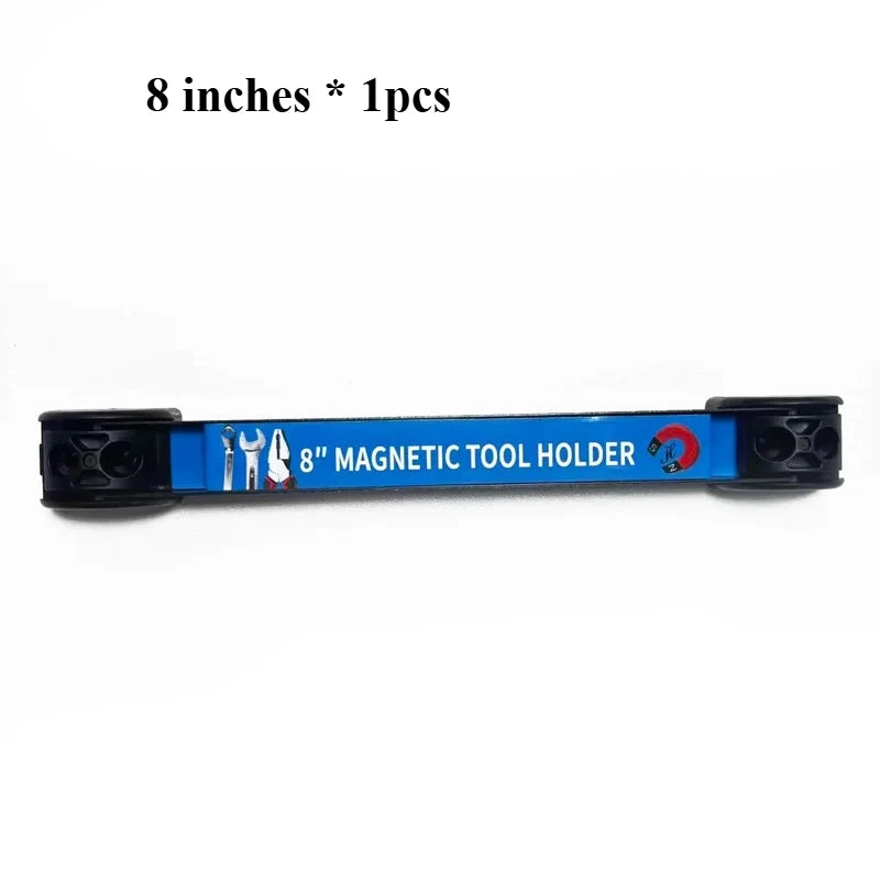 An 8 inch magnetic tool holder strip with multiple tool slots.