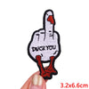 Embroidered iron-on patch of a duck hand with the text DUCK YOU