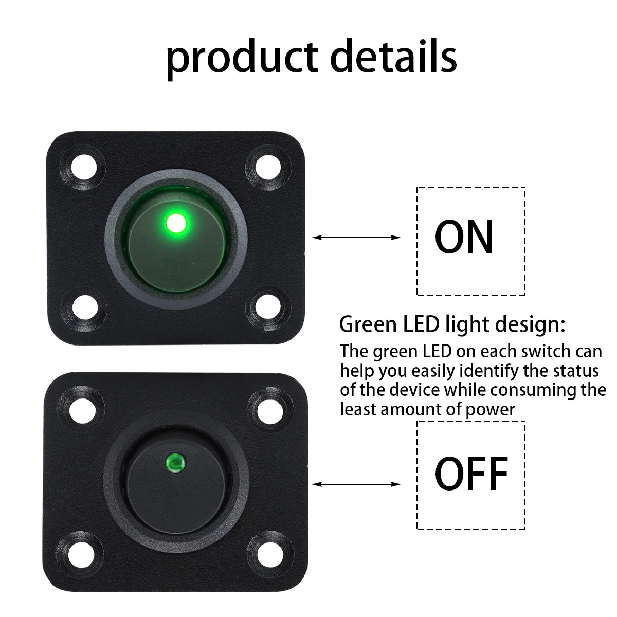 Two square black switch panels showing an ON (green LED) and OFF (no light) toggle switch design.