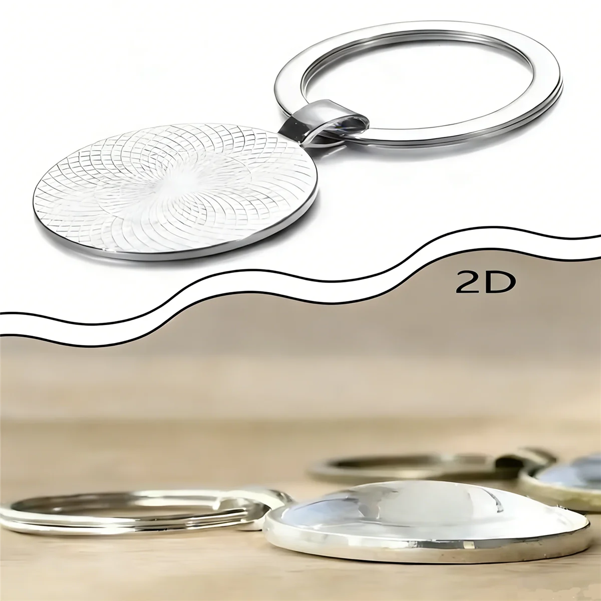 Silver 2D key chain with a circular, textured disc and a split ring loop.