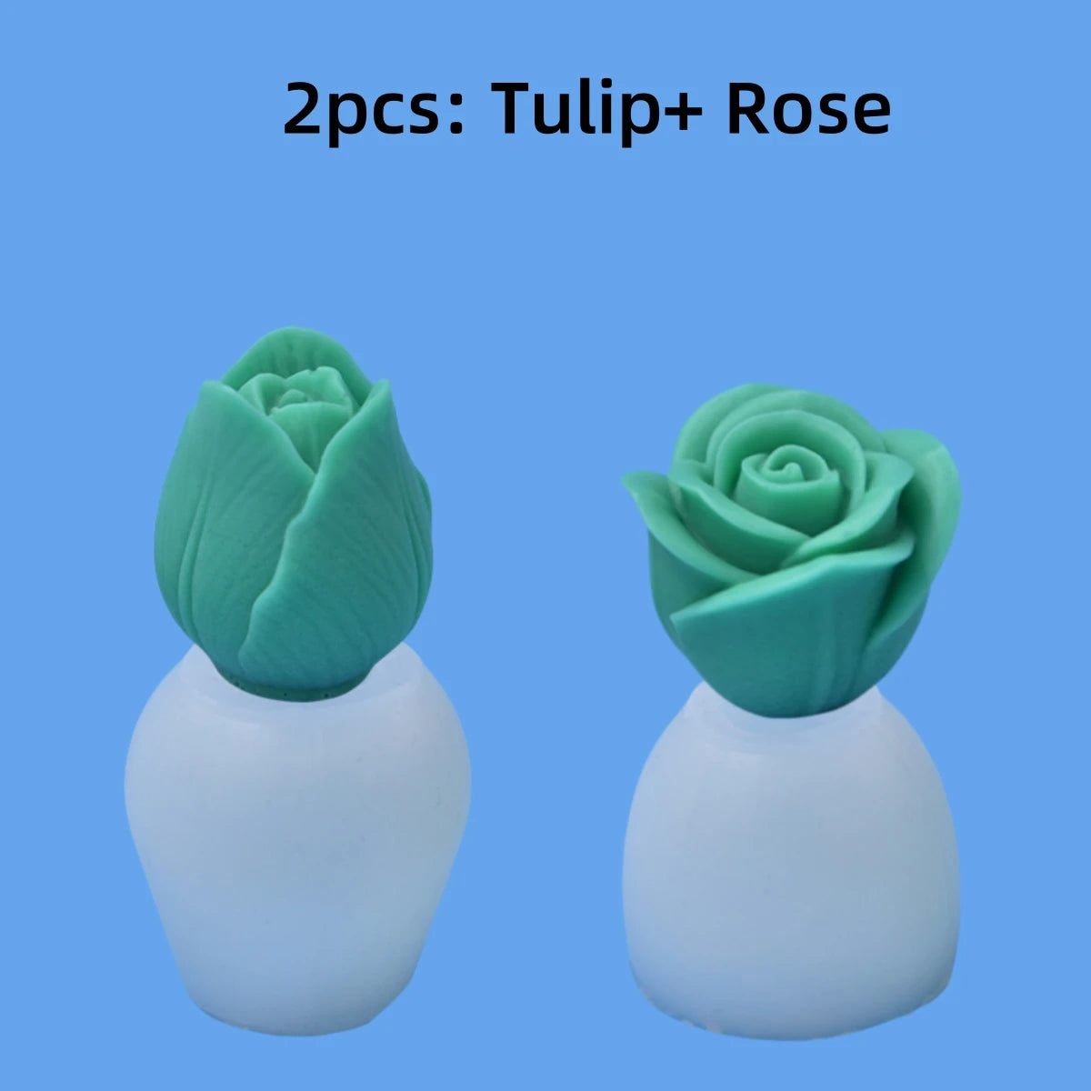 Two silicone molds shaped like tulips and roses with white bases