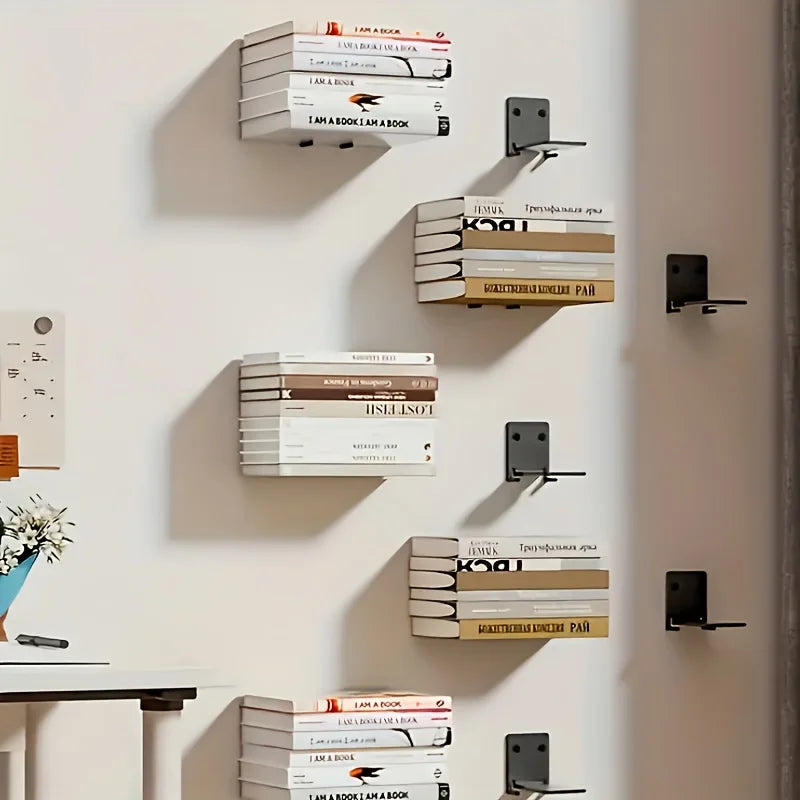 Matte black floating bookshelf set of four heavy-duty wall-mounted storage units displaying books