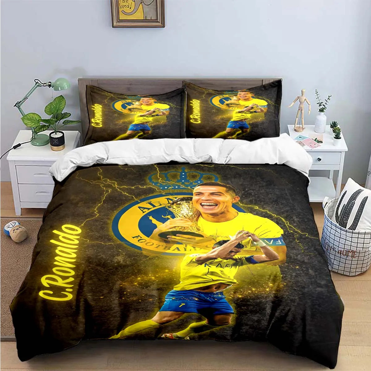 A dark yellow and black duvet cover set featuring a soccer player design with a crown and football elements.