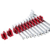 A set of red and silver modular magnetic wrenches organized together.