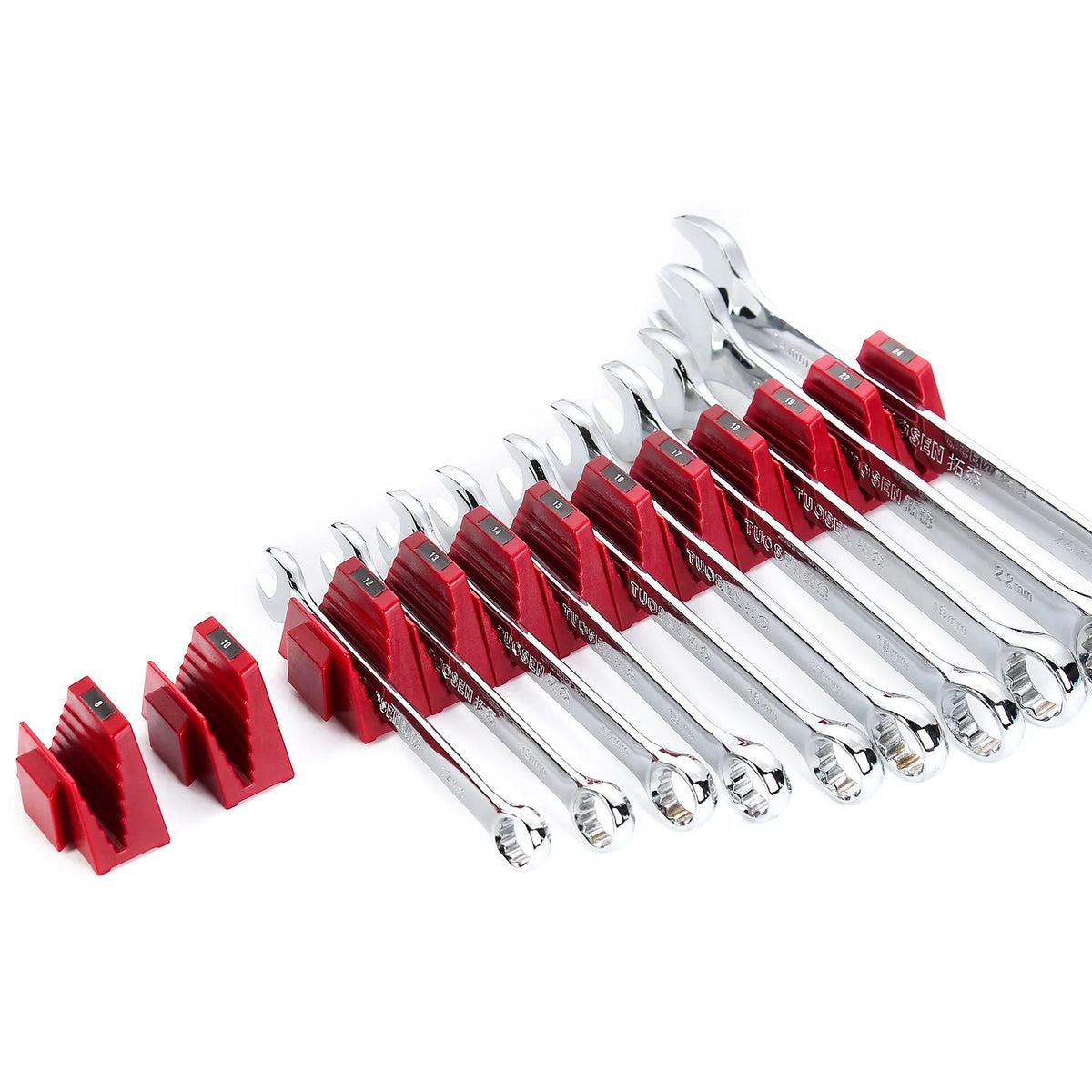 A set of red and silver modular magnetic wrenches organized together.