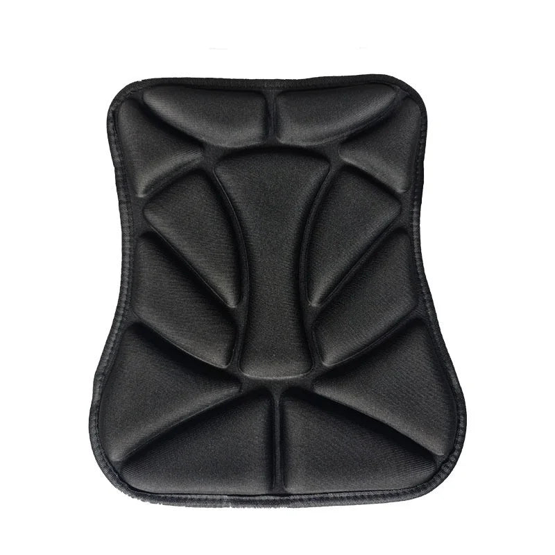 Black ergonomic 3D motorcycle seat cushion made of breathable EVA foam for comfort.