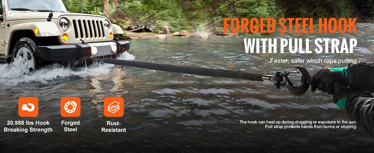 A vehicle is shown pulling a forged steel hook with a pull strap across a stream.