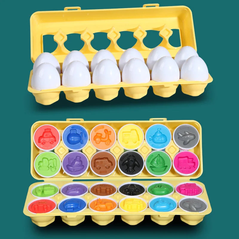 A yellow plastic container holds white eggs and a separate tray contains colorful plastic shapes for toddlers.