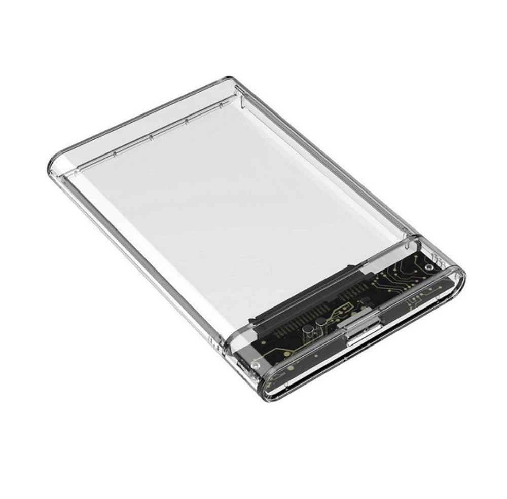 Transparent USB 3.0 to SATA HDD enclosure for a 2.5-inch drive.