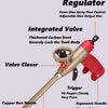 A close-up view of an adjustable foam spray gun showing its components including a valve, trigger, and copper nozzle.