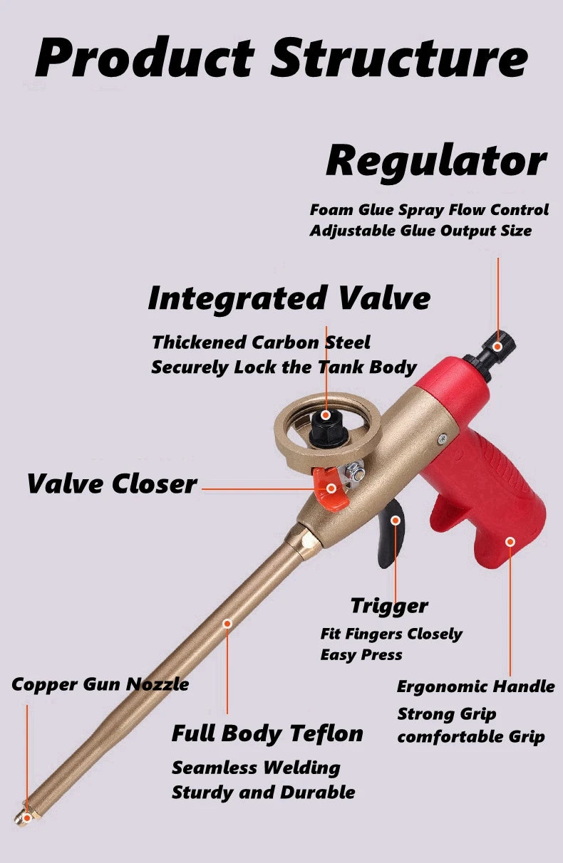 A close-up view of an adjustable foam spray gun showing its components including a valve, trigger, and copper nozzle.