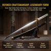 A detailed replica of a katana featuring a high carbon steel blade, starlight lacquer saya, and an engraved alloy tsuba.