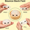 Hands demonstrate various ways to use a clear, squishy fidget toy including pinch, press, hold, and pull actions.