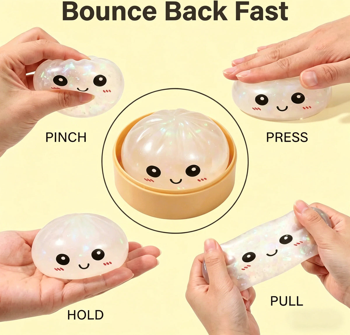 Hands demonstrate various ways to use a clear, squishy fidget toy including pinch, press, hold, and pull actions.